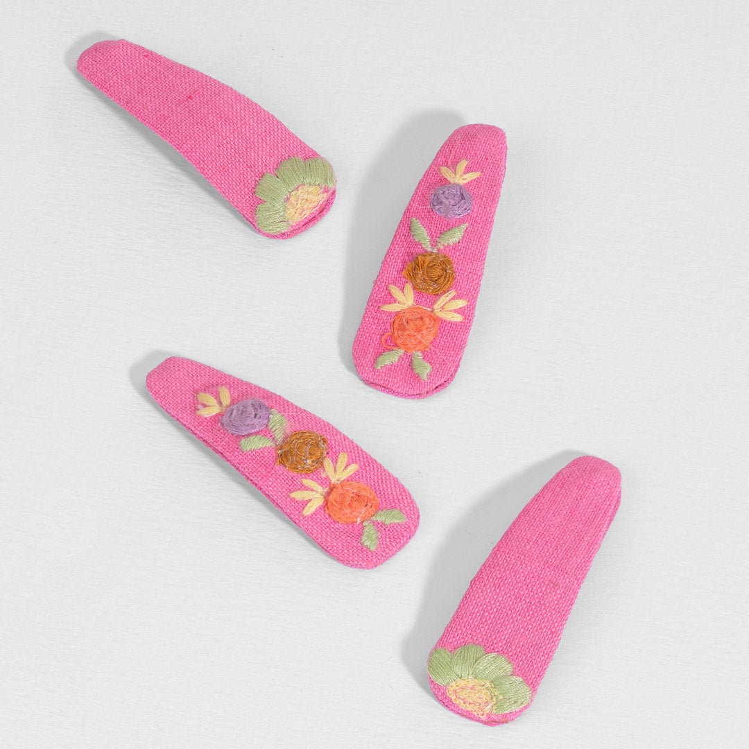 Pink Flora Embroidered Hair Clips - Set of 4