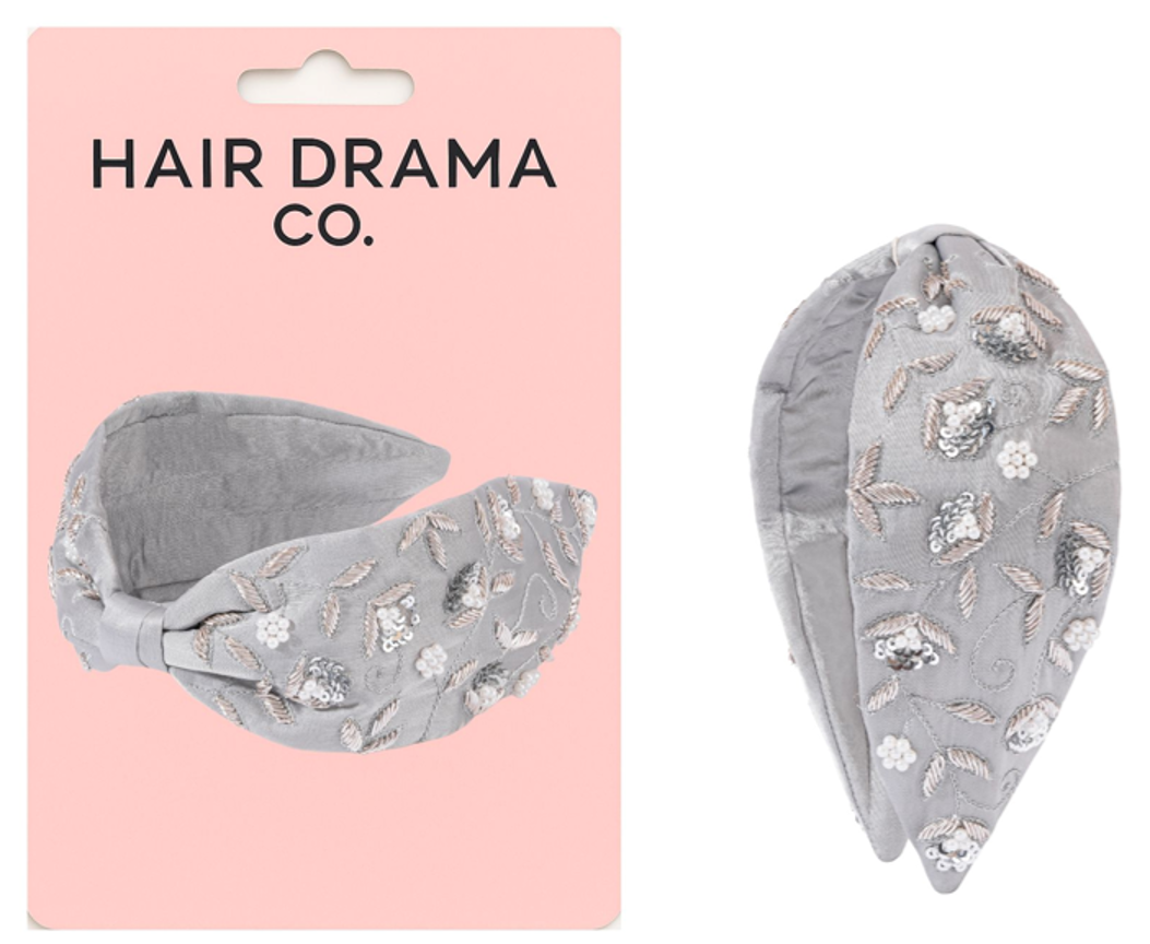 Gilded Embroidered Knotted Headband - Grey
