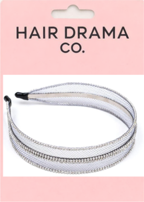 Mesh Hair Band with Crystals - Grey