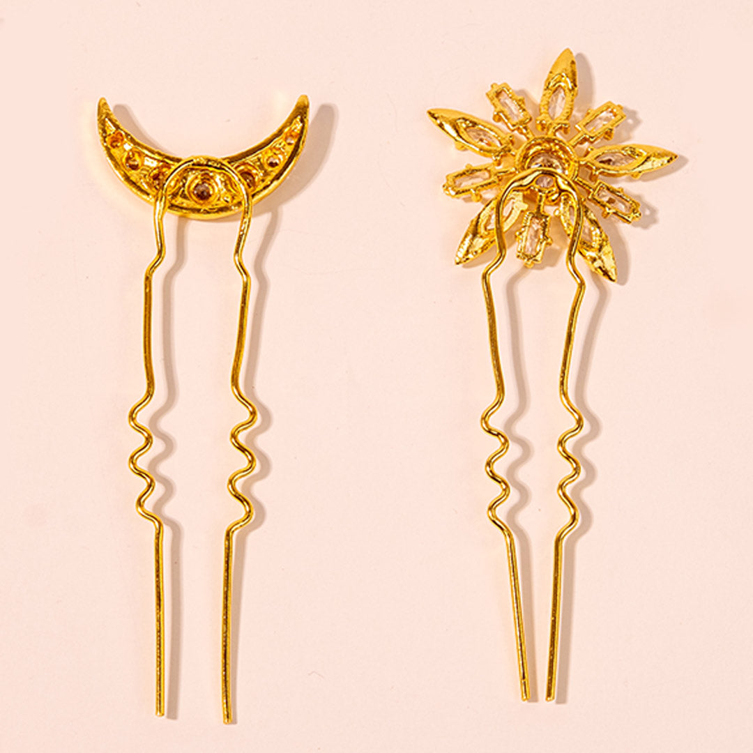 Star & Moon Crystal U Hair Pins - Set of 4 - Gold