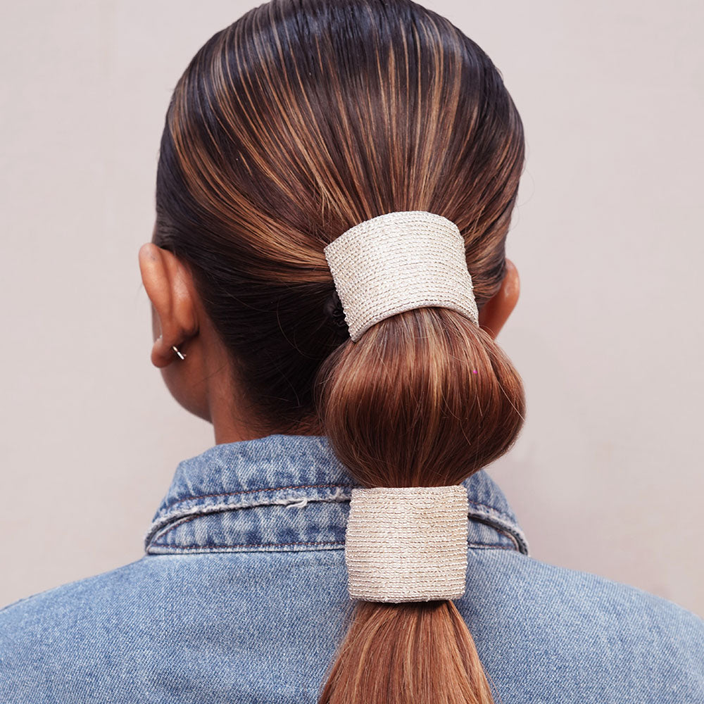 Embellished Beads Ponytail Holder - Silver