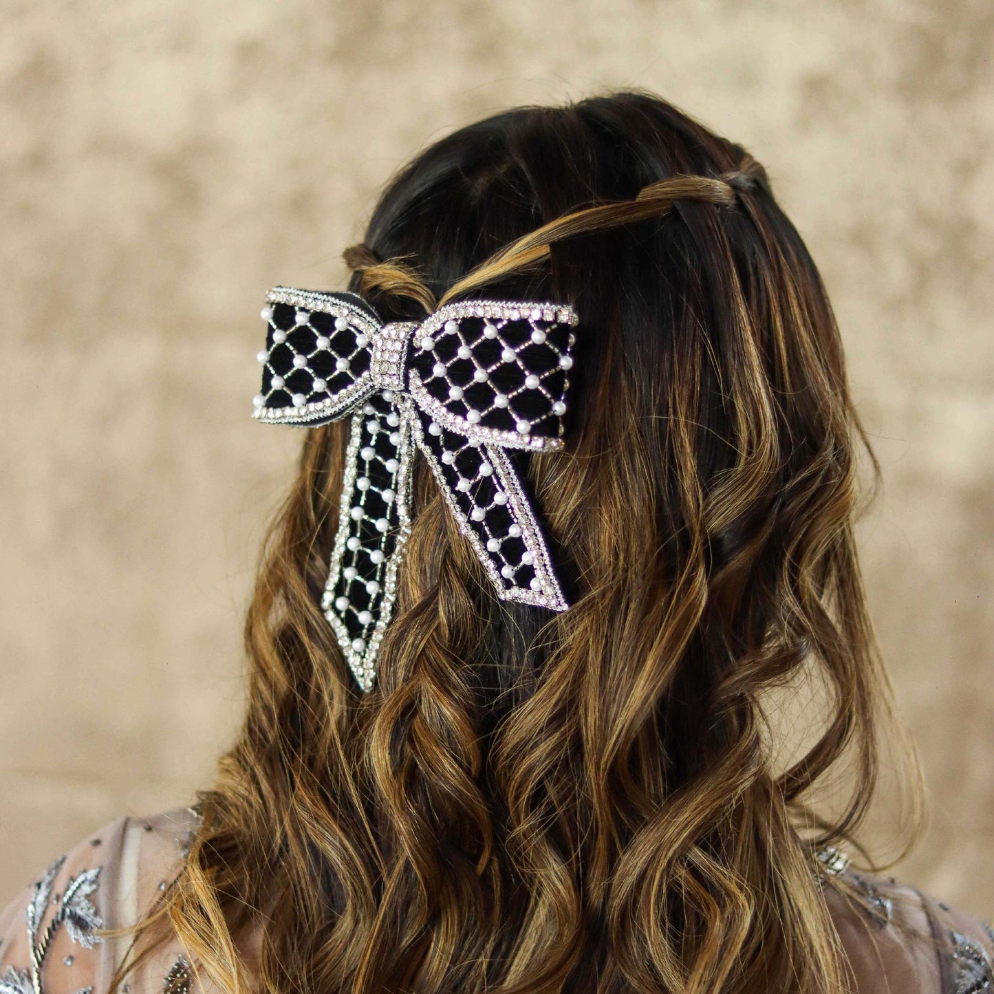 Embellished Velvet Hair Bow Barrette Clip - Black