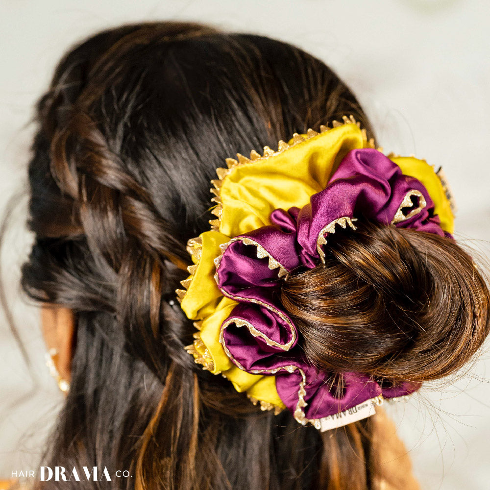 Set of 2 Silk Satin Scrunchies with Gota Patti - Purple & Mustard