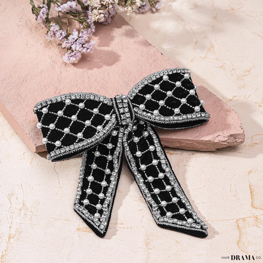 Embellished Velvet Hair Bow Barrette Clip - Black