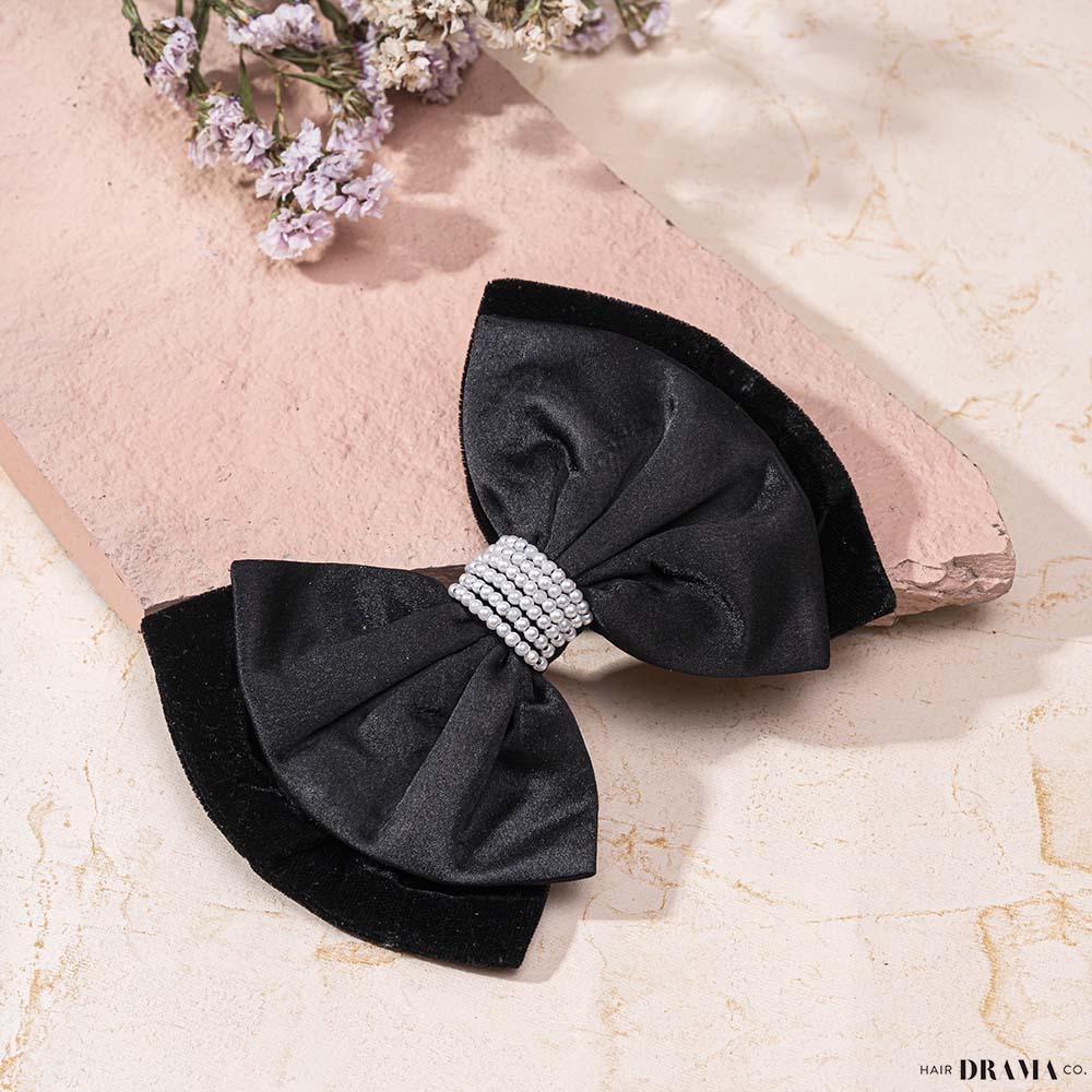 Embellished Velvet Hair Bow Alligator Clip - Black