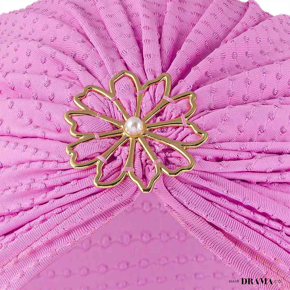 Lilac Dotted Turban with Flower Pearl Metal Broach