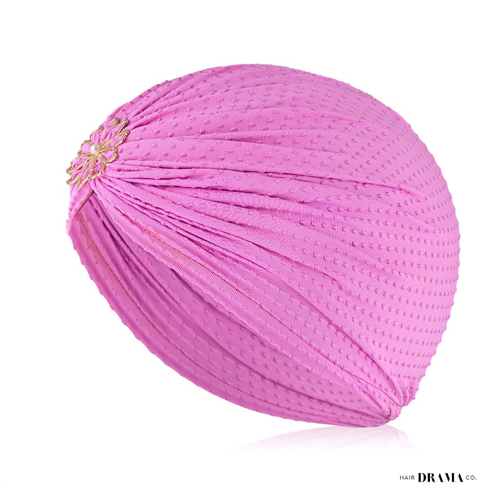 Lilac Dotted Turban with Flower Pearl Metal Broach