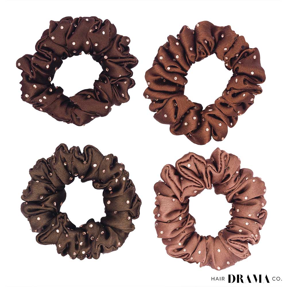 Luxury Scrunchies Set of 4 with Free Pouch - Brown Crystal Gift Set