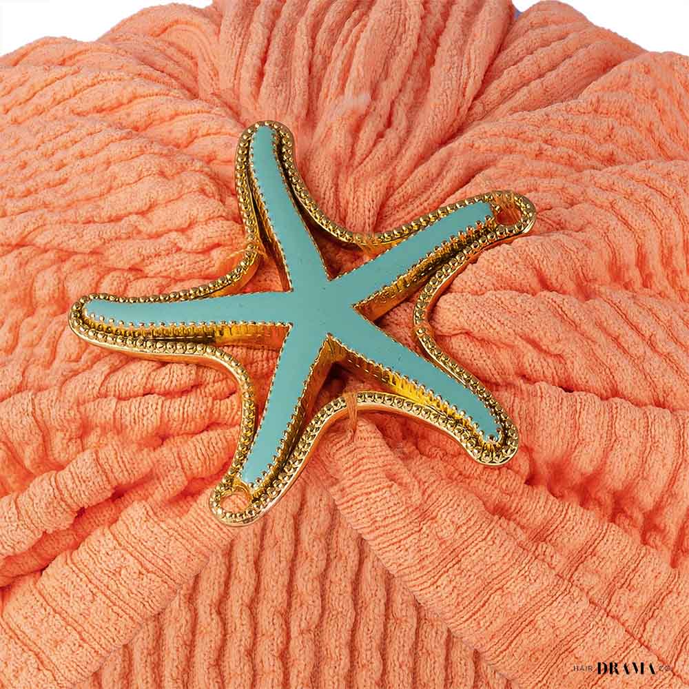 Neon Orange Ribbed Turban with Starfish Metal Broach