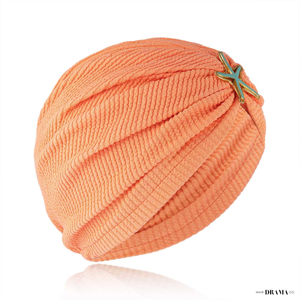 Neon Orange Ribbed Turban with Starfish Metal Broach