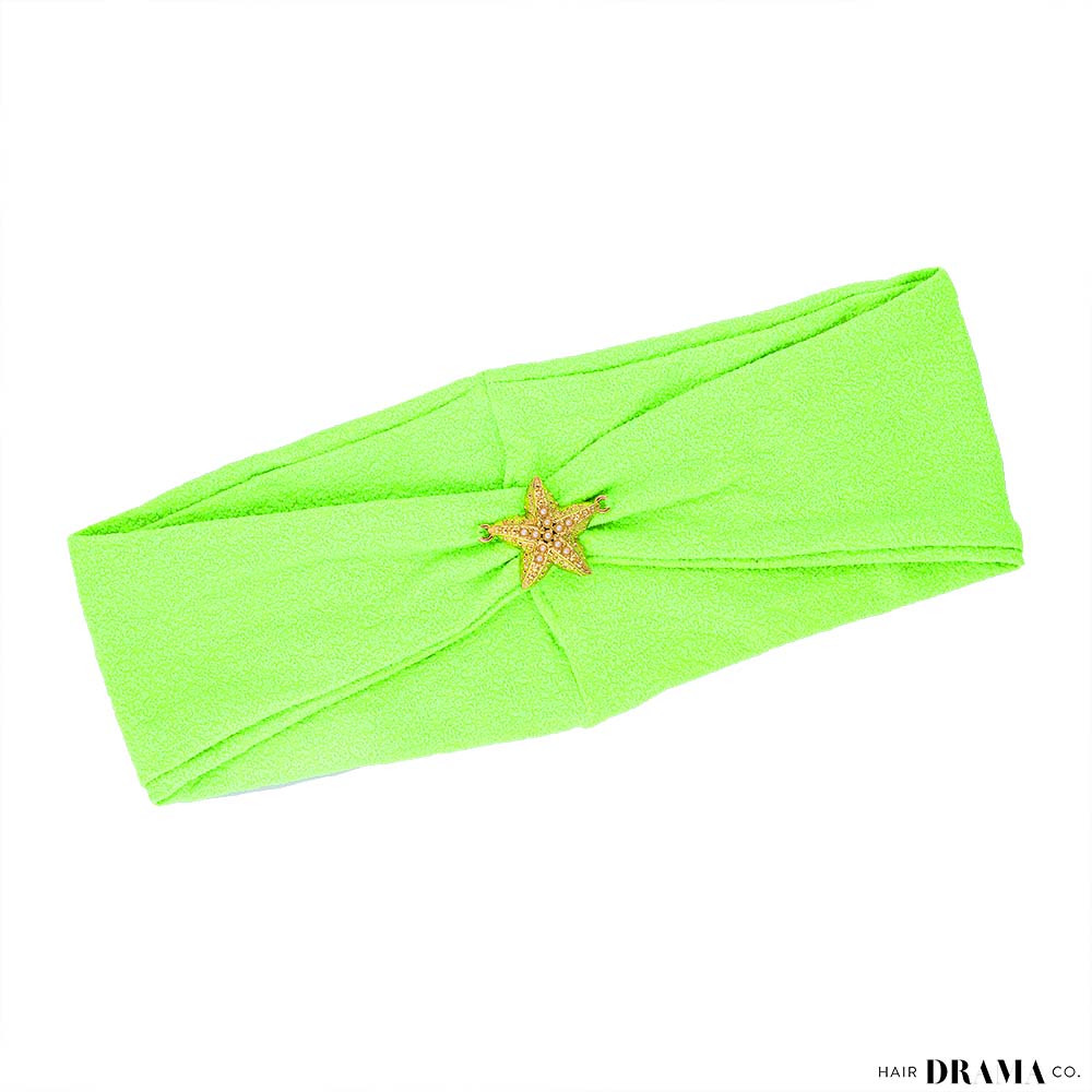 Neon Green Textured Hair Band with Starfish Metal Broach