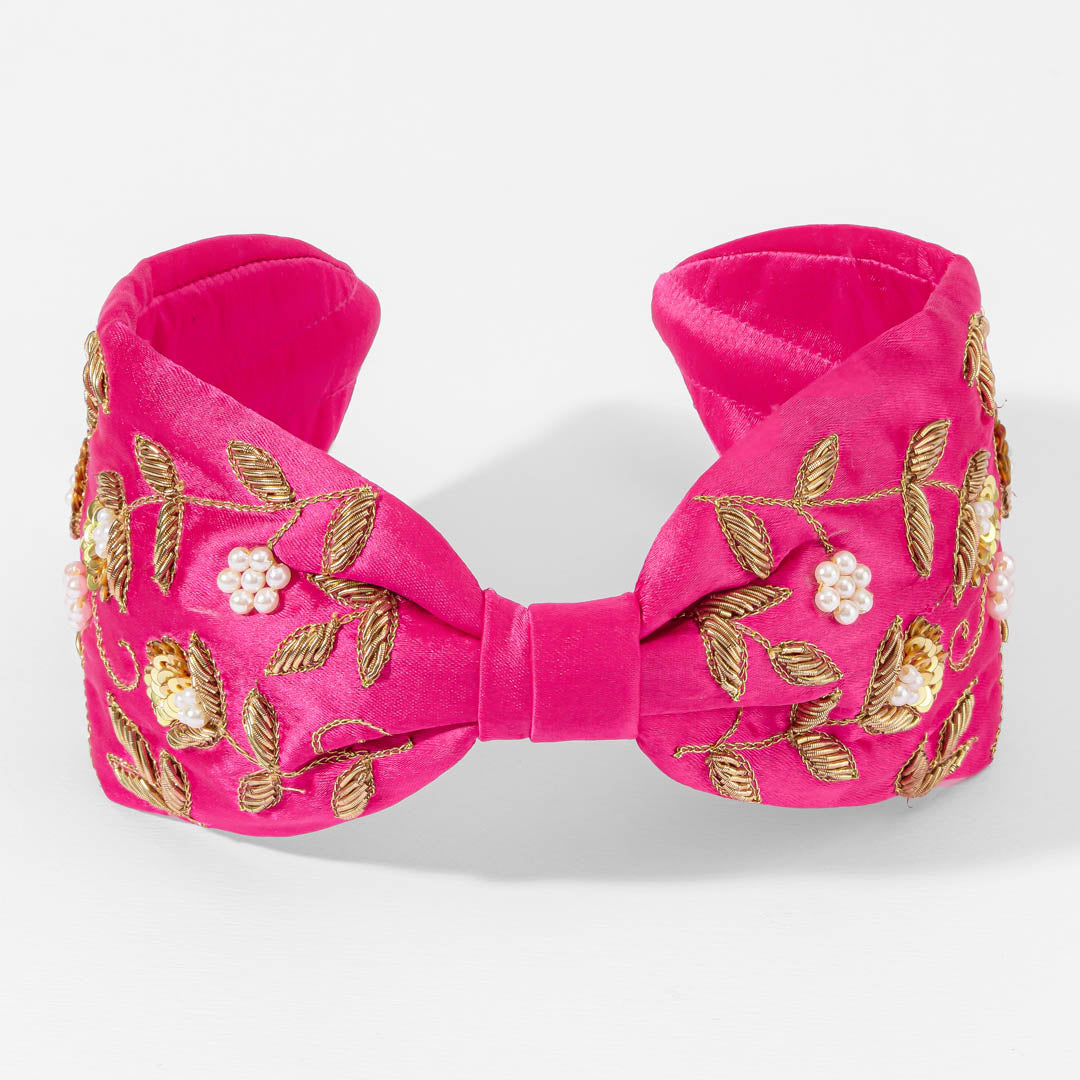 Gilded Embroidered Knotted Headband - Pink