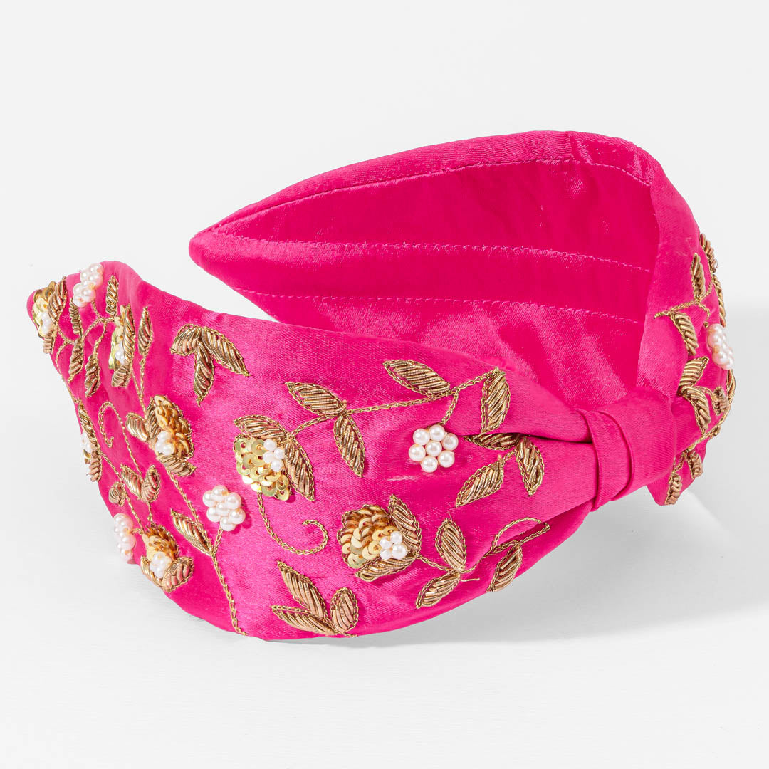 Gilded Embroidered Knotted Headband - Pink