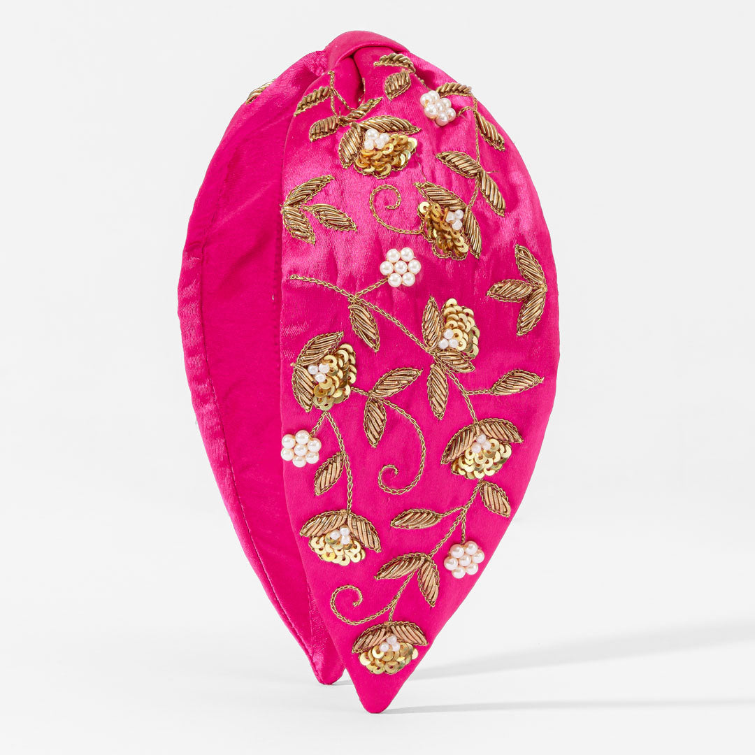 Gilded Embroidered Knotted Headband - Pink