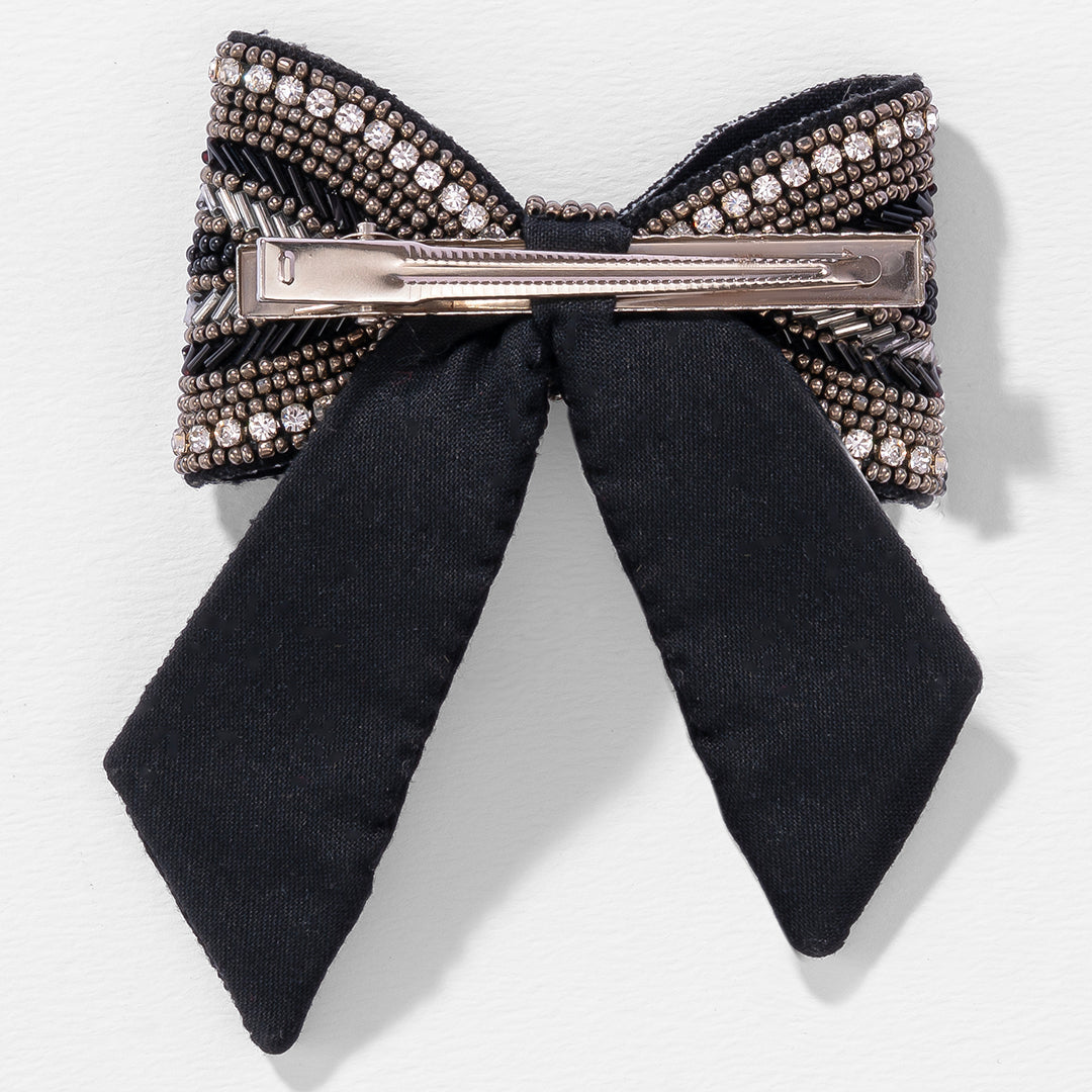 Black Crystal Embroidered Bow Clip