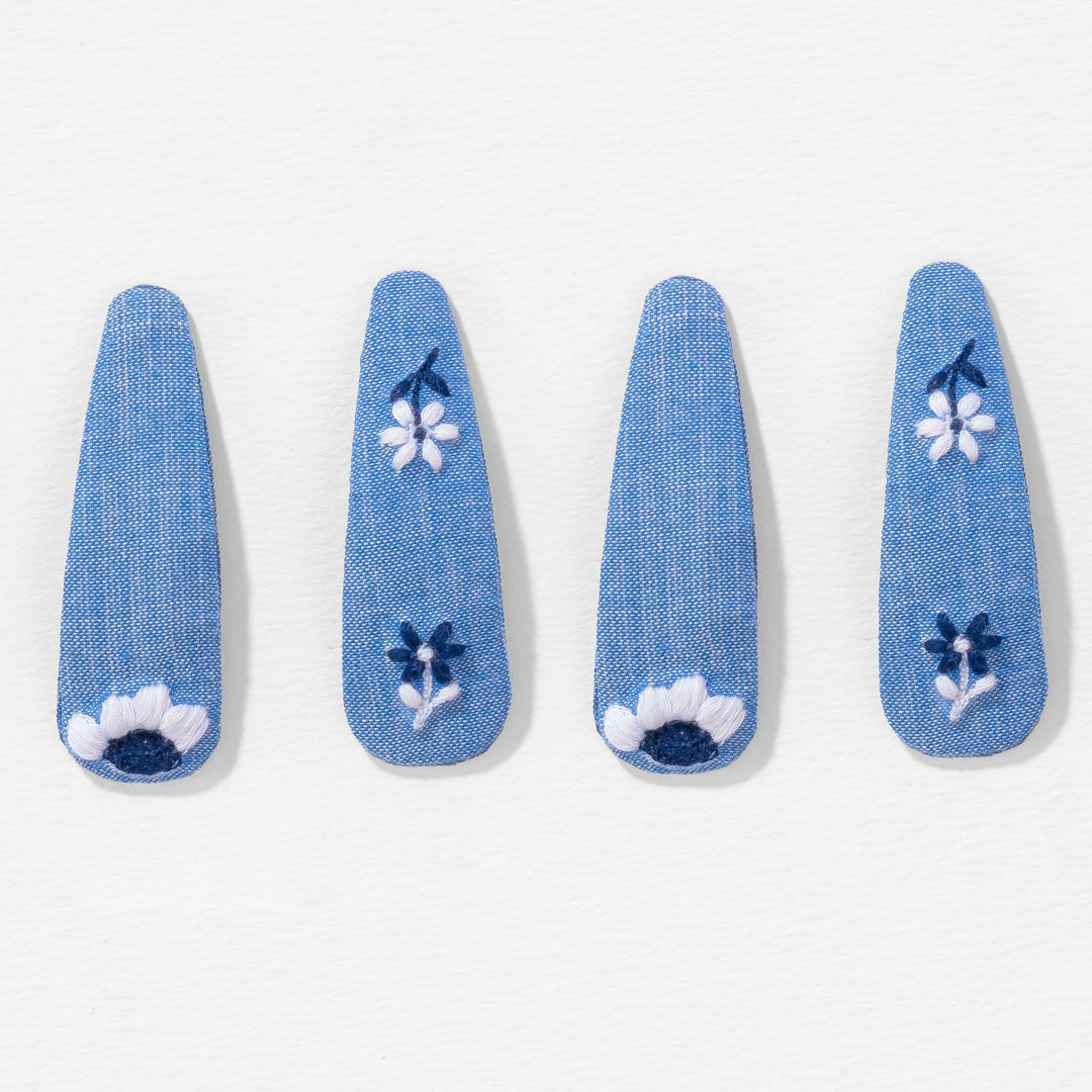 Blue Flora Embroidered Hair Clips - Set of 4