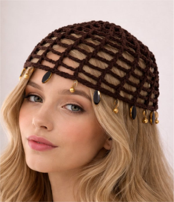 B2B-0456-C Crochet Mesh  with charms  - Brown