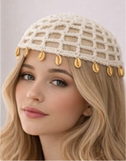 B2B-0456-E   Off-white Crochet Mesh Skull Cap with golden Shells