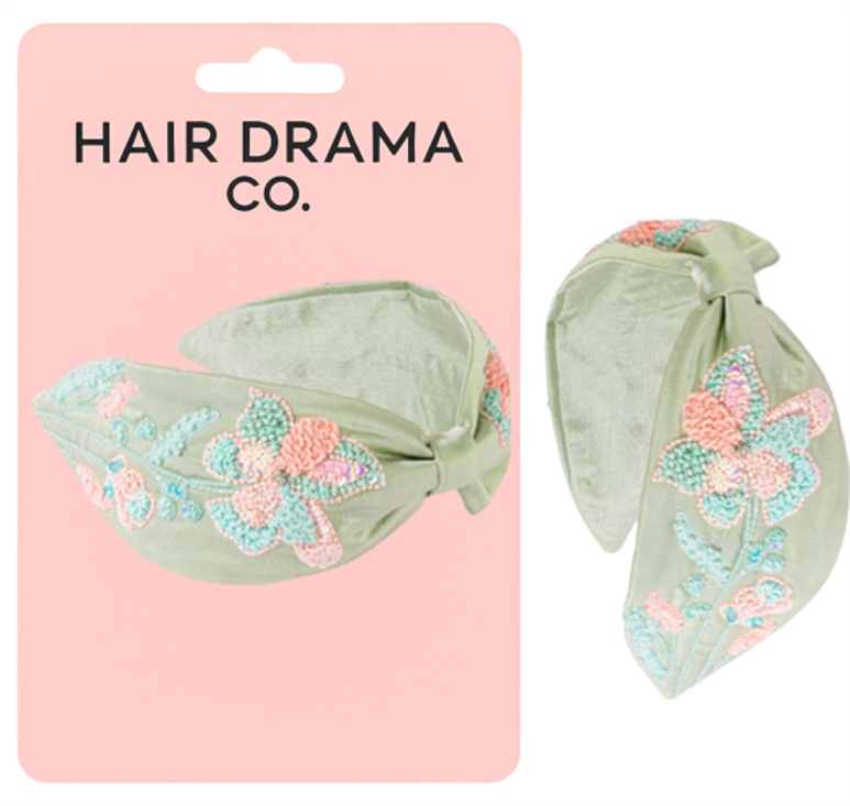 Flora Embellished Knotted Hair Band - Sage