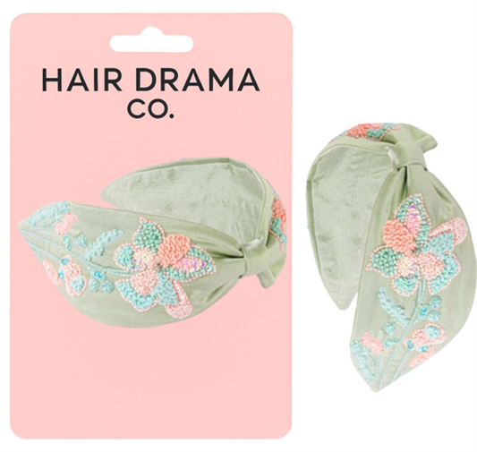 Flora Embellished Knotted Hair Band - Sage