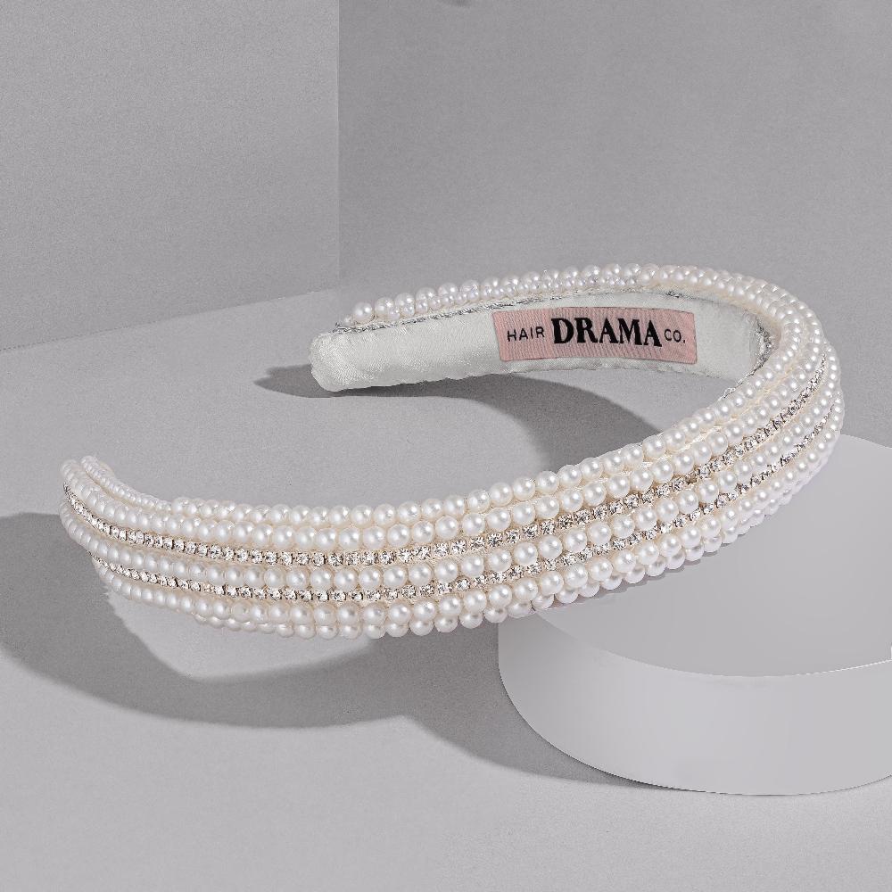 Pearls & Crystal Puff Hair Band - White