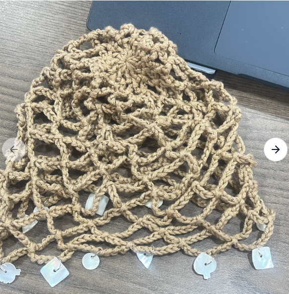 Crochet Beanie Cap - Beige with Shell Charms
