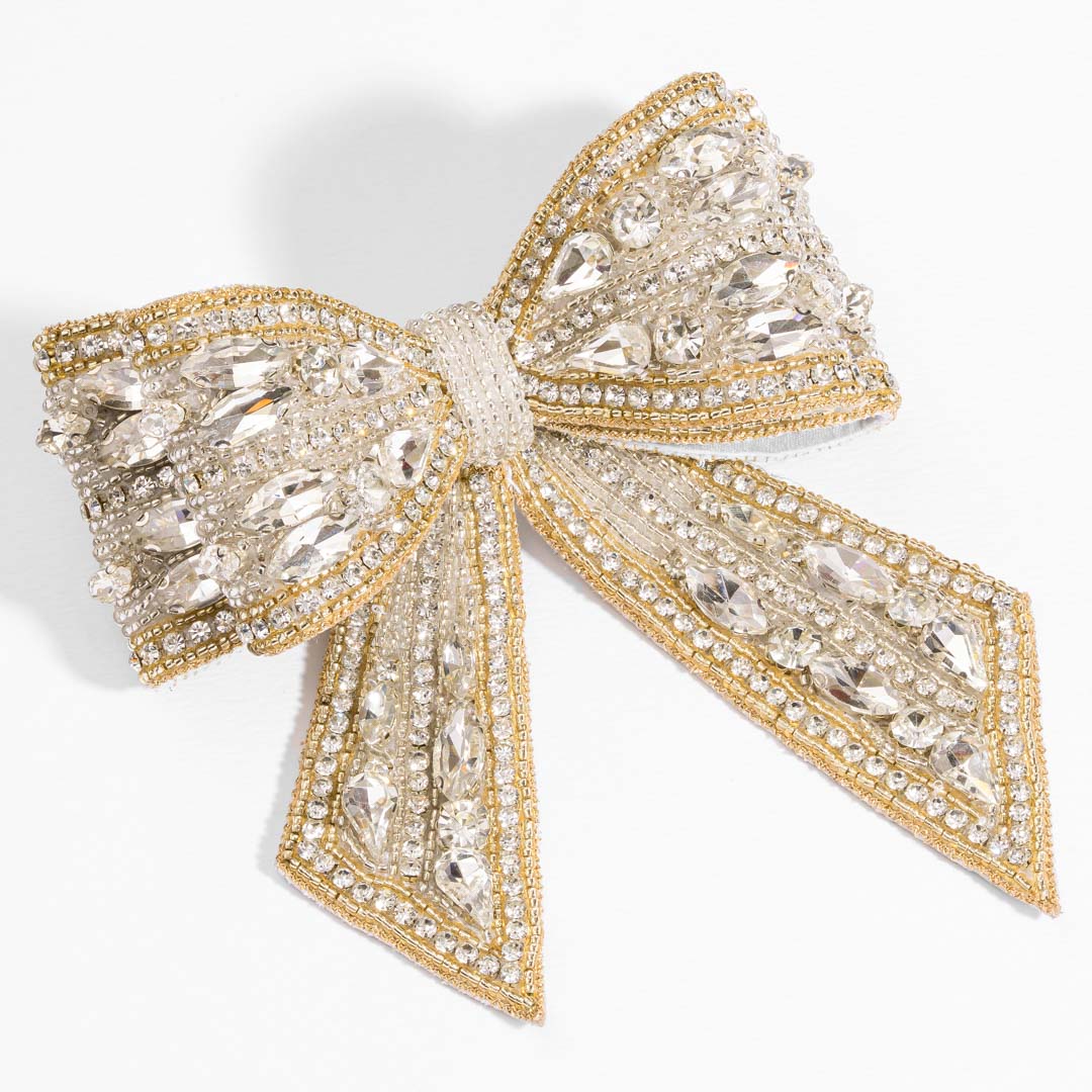 Embellished Crystal Hair Bow Barrette Clip - Gold & Silver