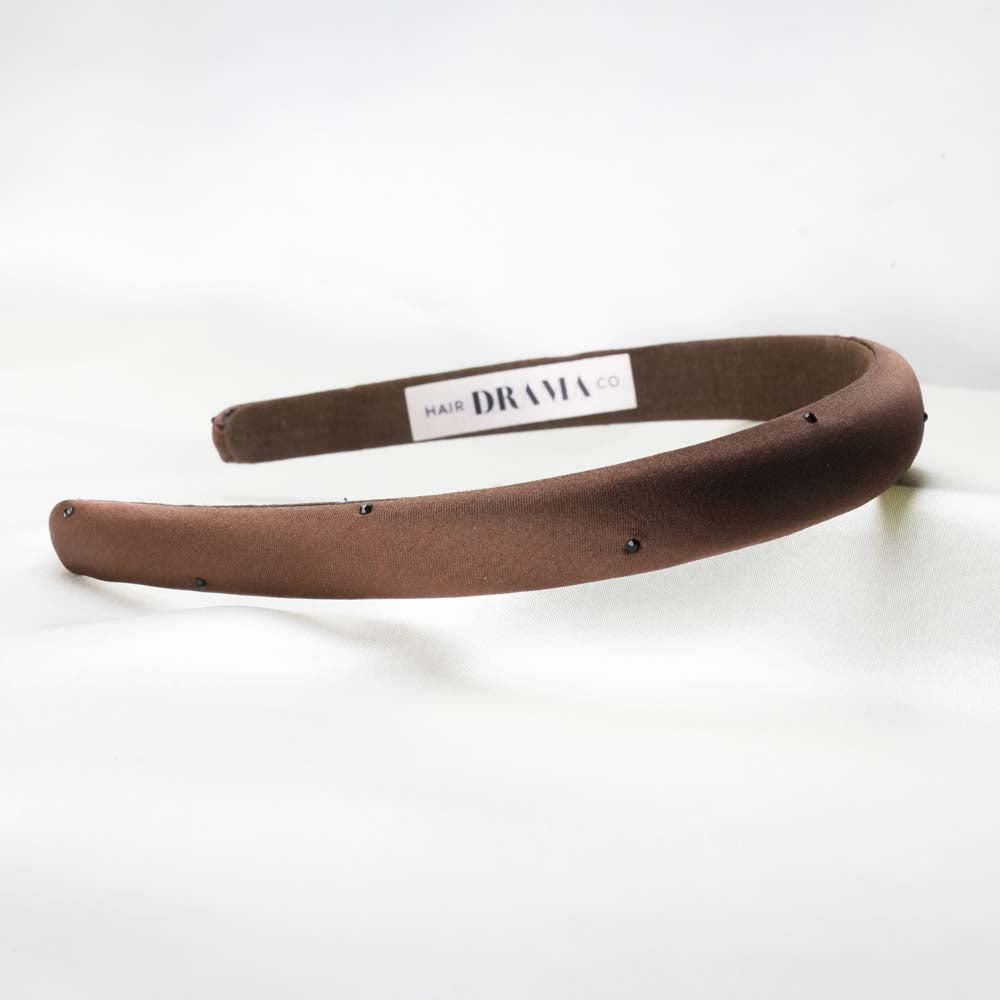 100% Mulberry Silk Puff Hair Band with Rhinestones - Dark Brown