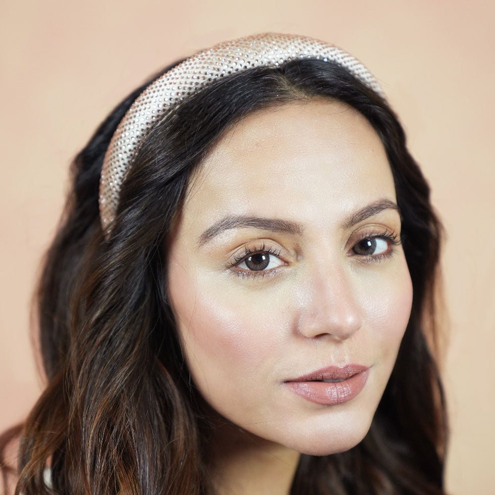 Silk Satin Puff Hair Band with Rhinestones - Champagne