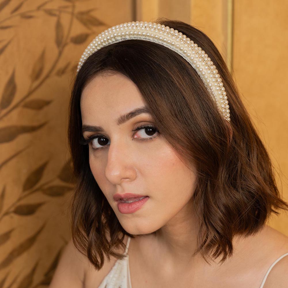 Pearls & Crystal Puff Hair Band - White