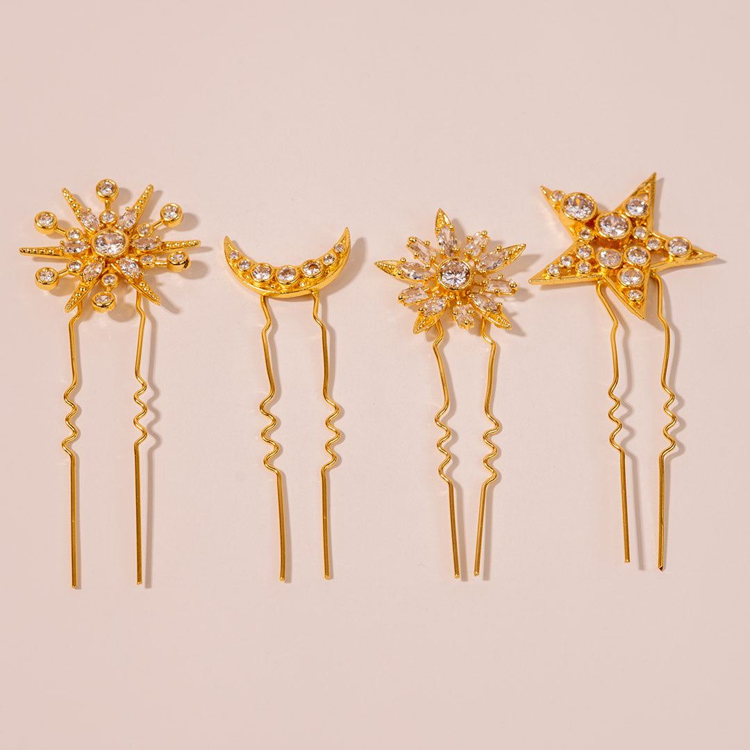 Star & Moon Crystal U Hair Pins - Set of 4 - Gold