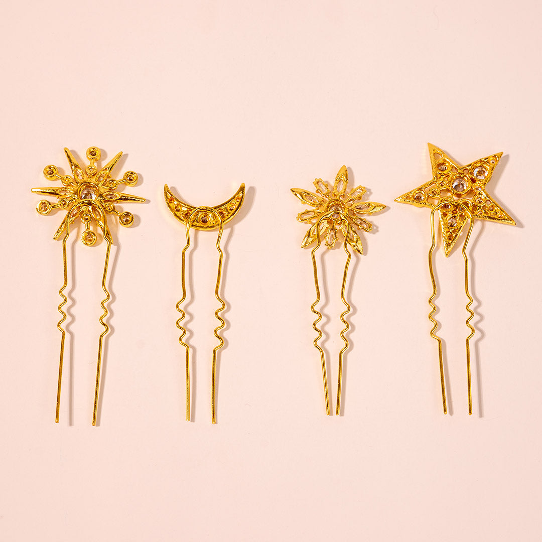 Star & Moon Crystal U Hair Pins - Set of 4 - Gold