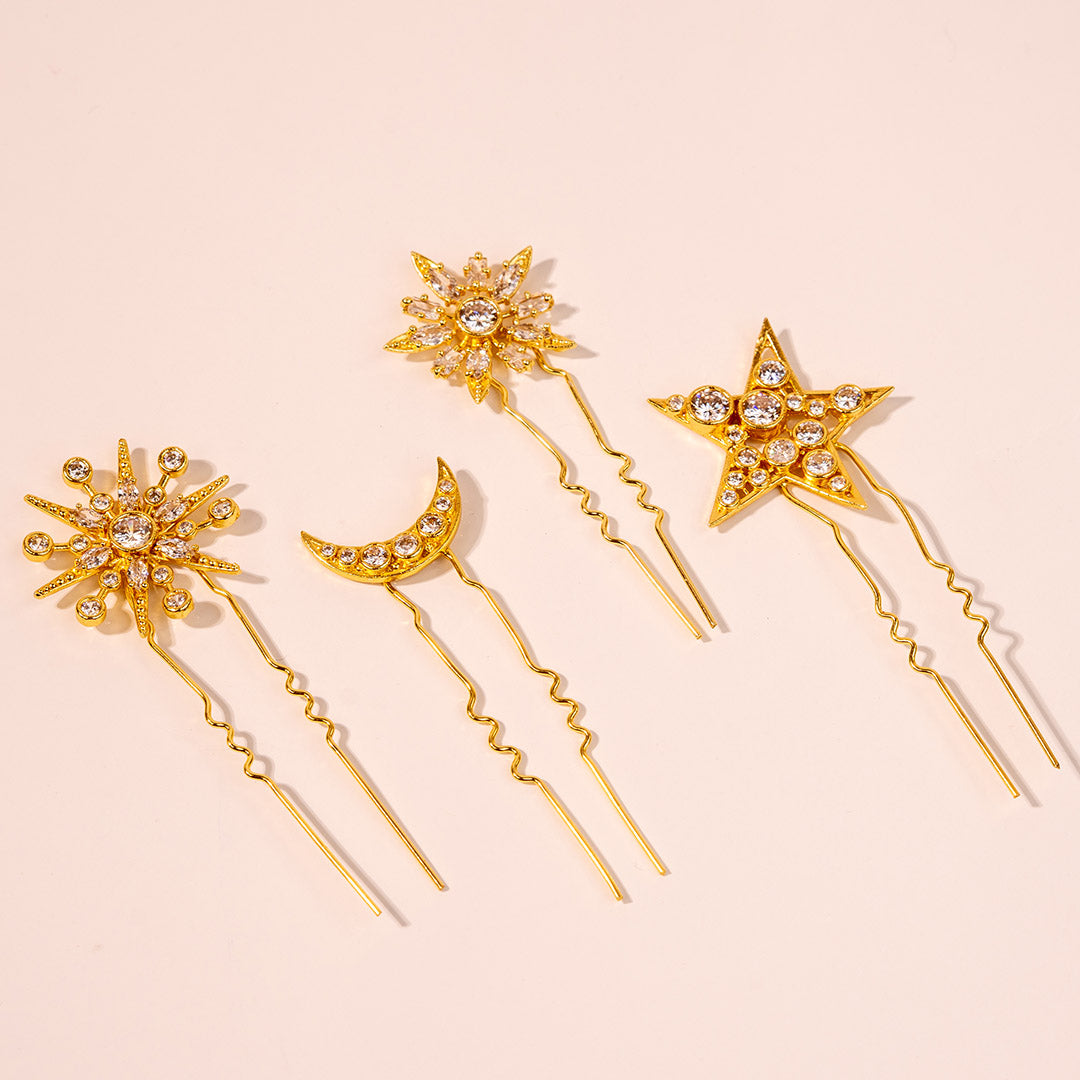 Star & Moon Crystal U Hair Pins - Set of 4 - Gold