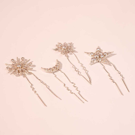 Star & Moon Crystal U Hair Pins - Set of 4 - Silver