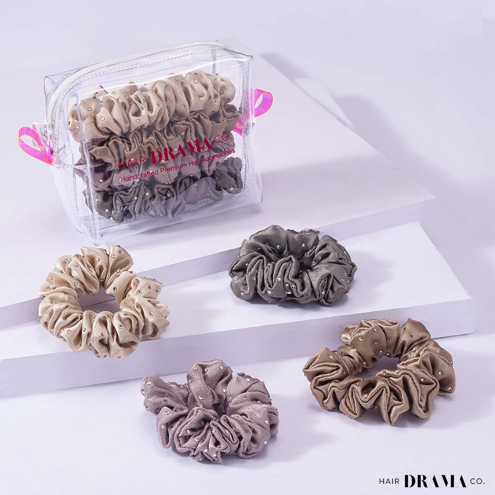 Luxury Scrunchies Set of 4 with Free Pouch - Neutral Crystal Gift Set