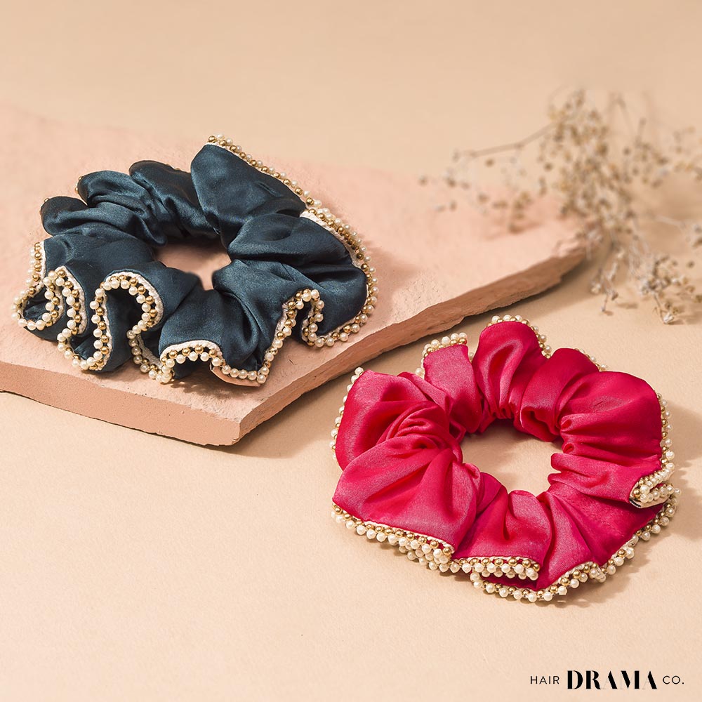 Set of 2 Silk Satin Scrunchies with Pearls - Pink & Green