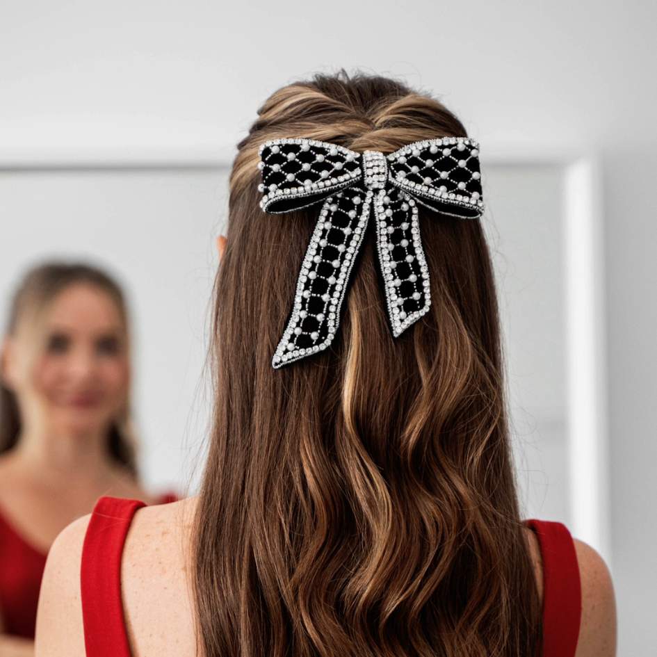 Embellished Velvet Hair Bow Barrette Clip - Black