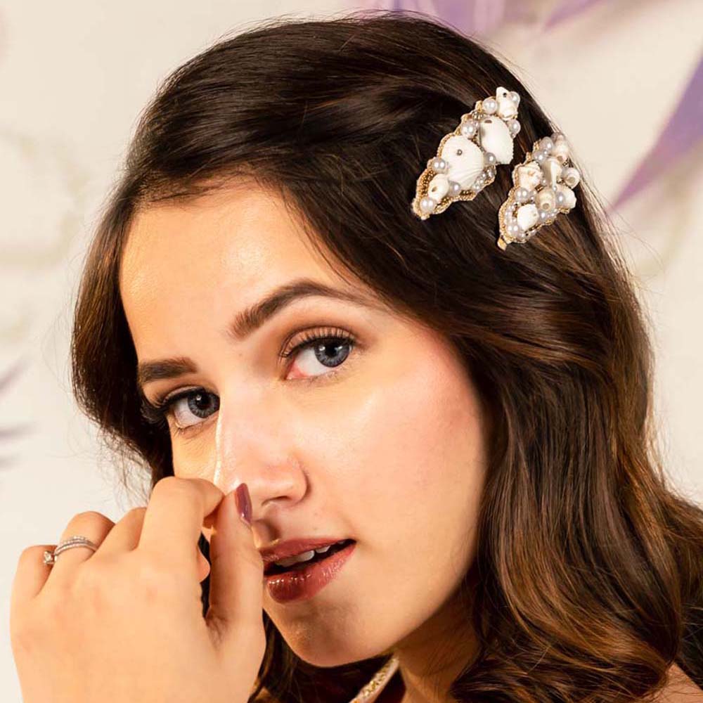 Shell & Pearl Embellished Hair Pins - Set of 2 - Gold