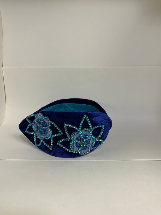 Midnight Bloom Embellished Knot Headband – Navy